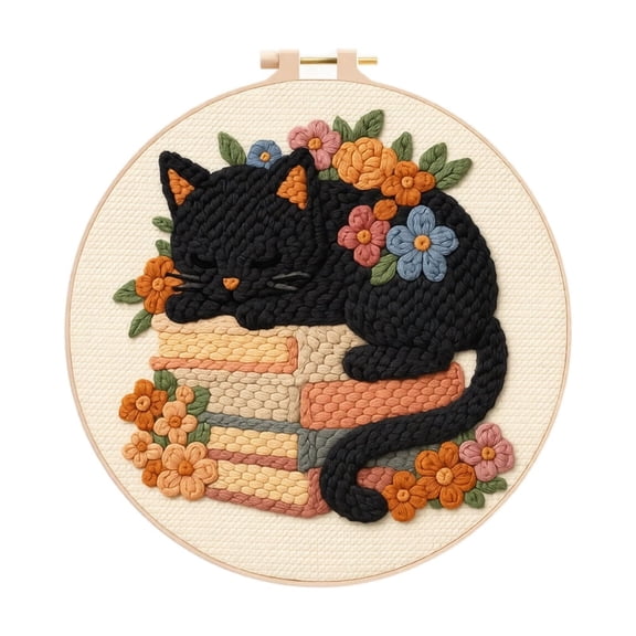 Punch Needle Embroidery Kit with Black Cat Design Featuring 8 Inch Wooden Hoop, Spooky Halloween Craft for Beginners and Adults, Cute Fall Home Decor Gift, 1 Set