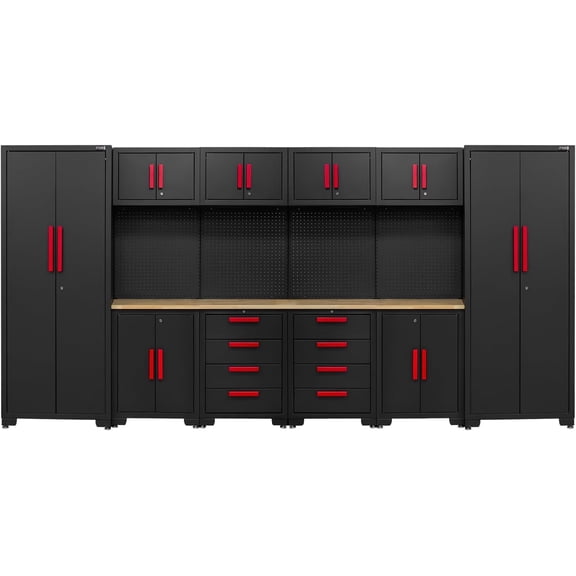 HPDMC 12-Piece Garage Storage Cabinet System - Heavy Duty Steel Workshop Organizer with Corner Cabinet, Workbench, & Pegboard for Tool Organization - Black & Red