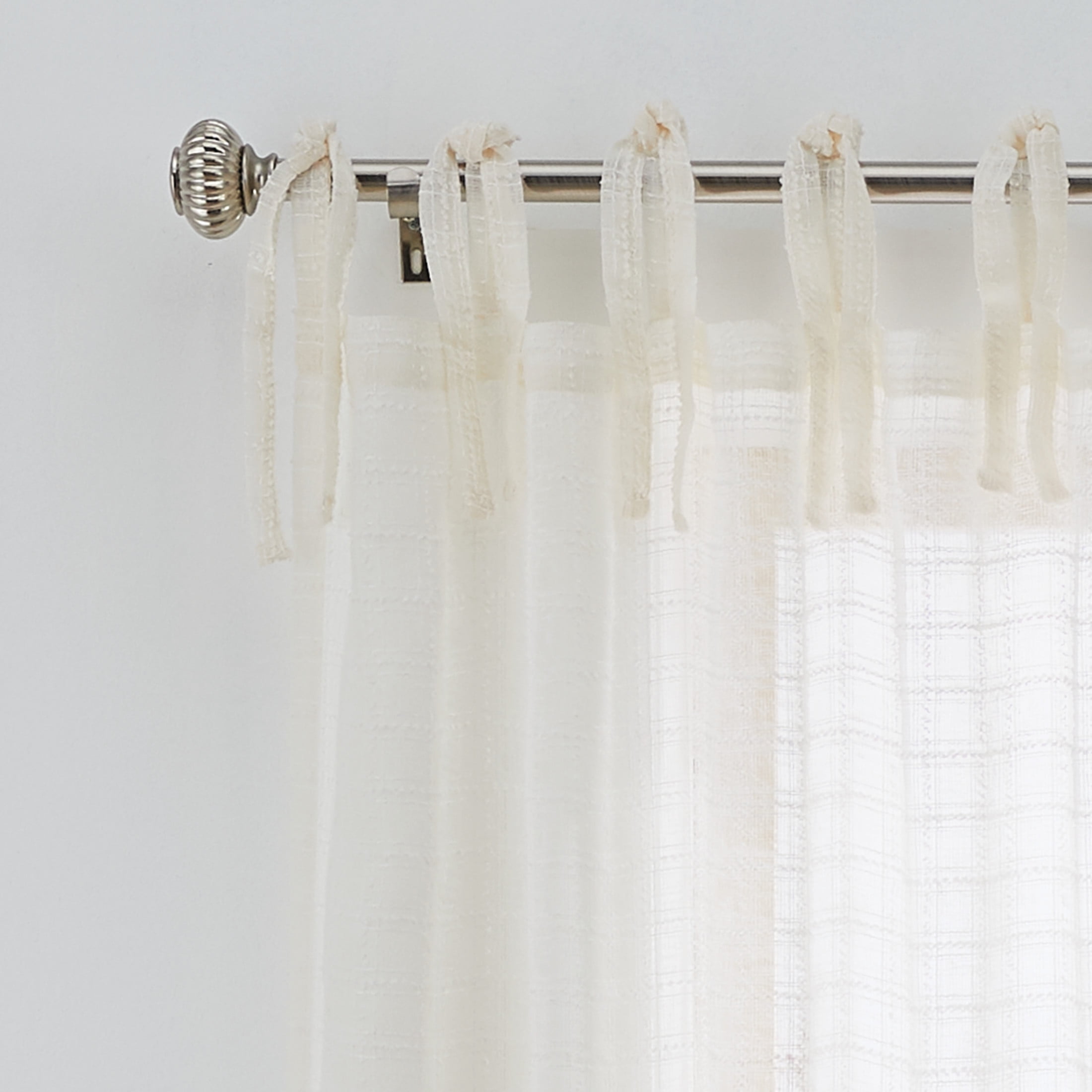 Better Homes & Gardens Sheer Tonal Windowpane Stitch Tie Top Single Curtain Panel, Vanilla Dream, 50 in W x 84 in L