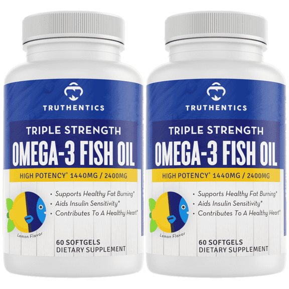 Truthentics Omega 3 Fish Oil 2400 mg, Pure Sea-Harvested, Triple Strength, 2 Pack, 120 Lemon Softgels