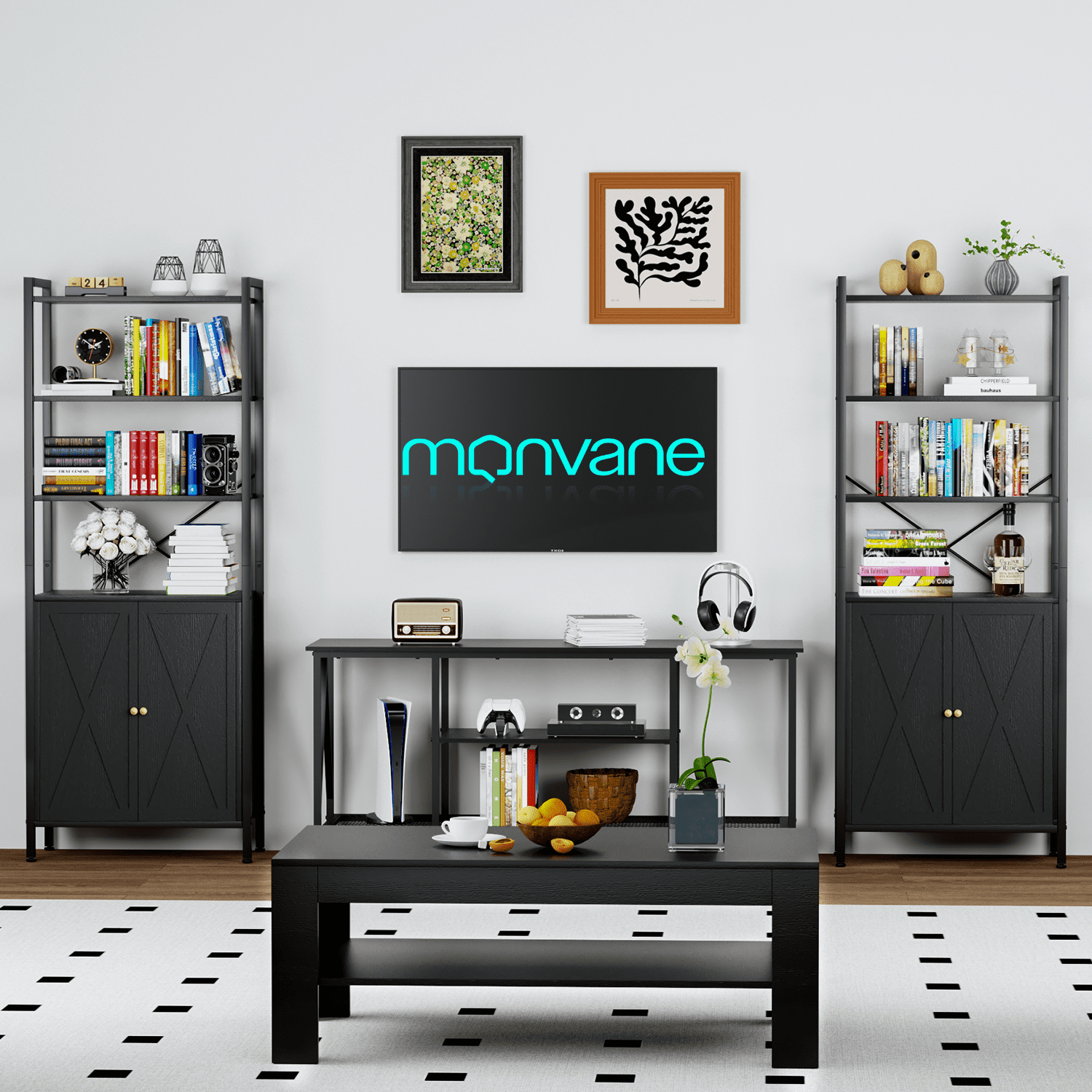MONVANE Farmhouse Bookshelf and Bookcase with Doors, Crosshatch Design, 4 Shelves, 1 Pack, Black