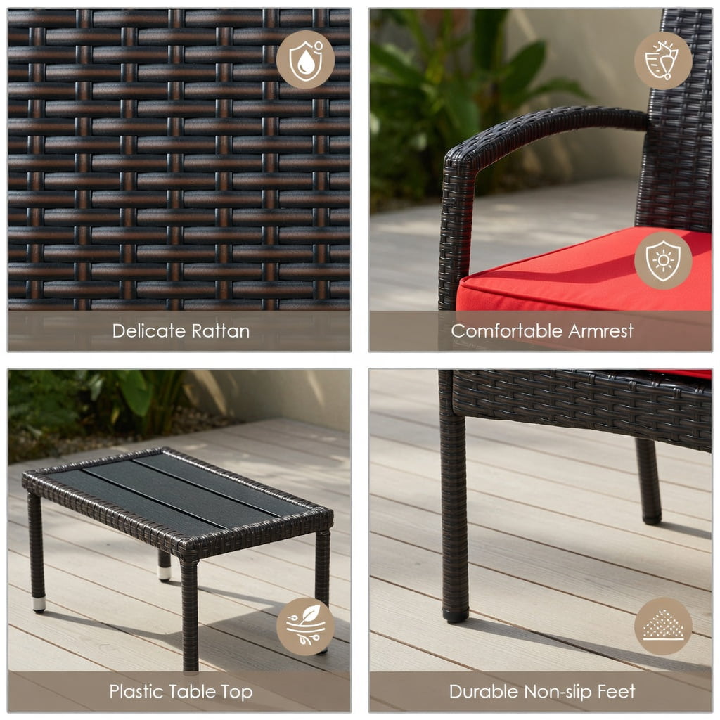 Resenkos 3 Piece Patio Conversation Bistro Set with Seat, Balcony Furniture Outdoor Rattan Patio Conversation Set with Built-in Coffee Table and Cushions for Garden Porch Yard, Red