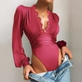 thumbnail image 1 of Femmes Profonde V Cou Manches Longues Triangle Body Tops Lanterne Manches Extensible Dentelle Basse Coupe Justaucorps, 1 of 2