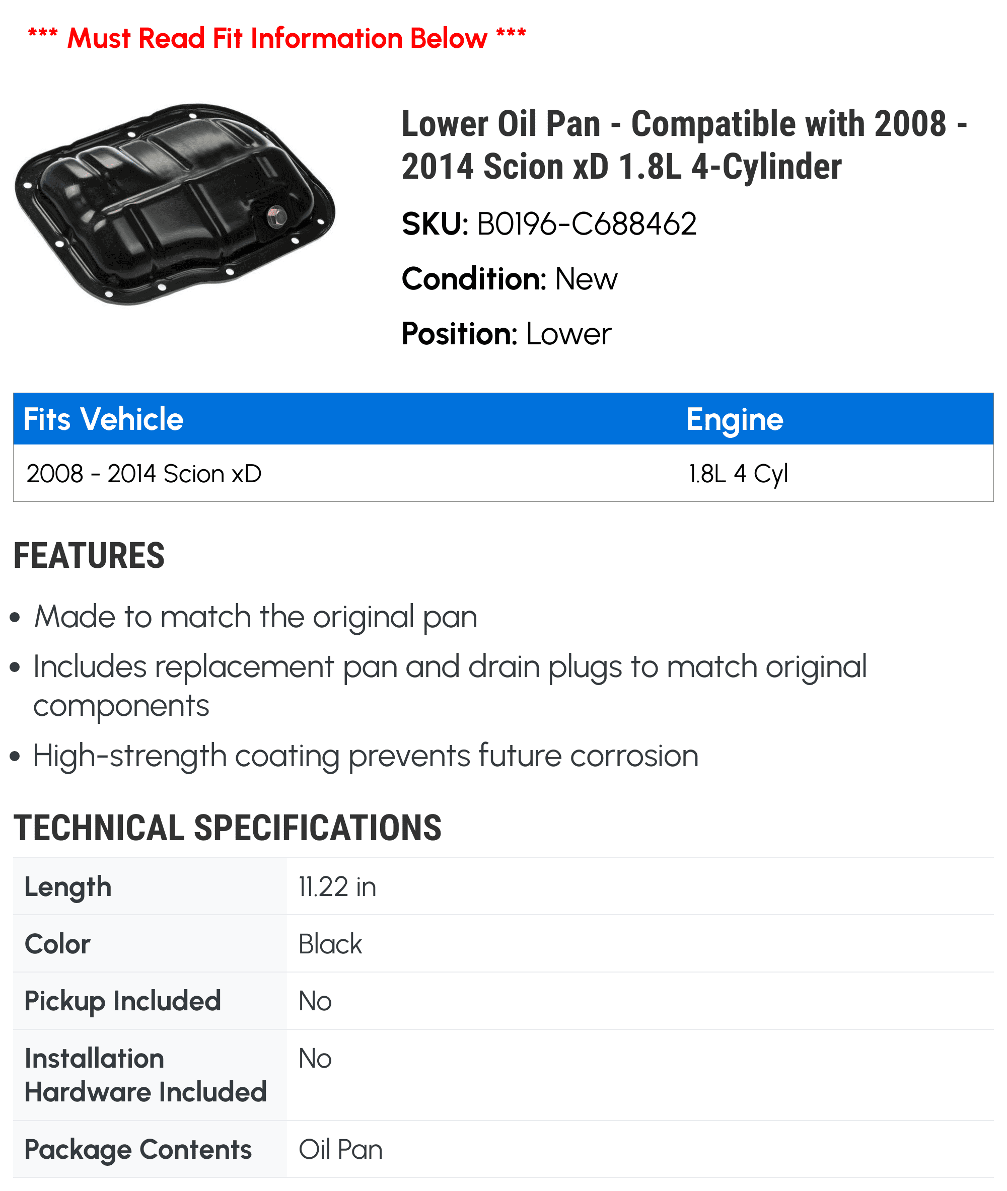 Lower Oil Pan - Compatible with 2008 - 2014 Scion xD 1.8L 4-Cylinder - Dorman