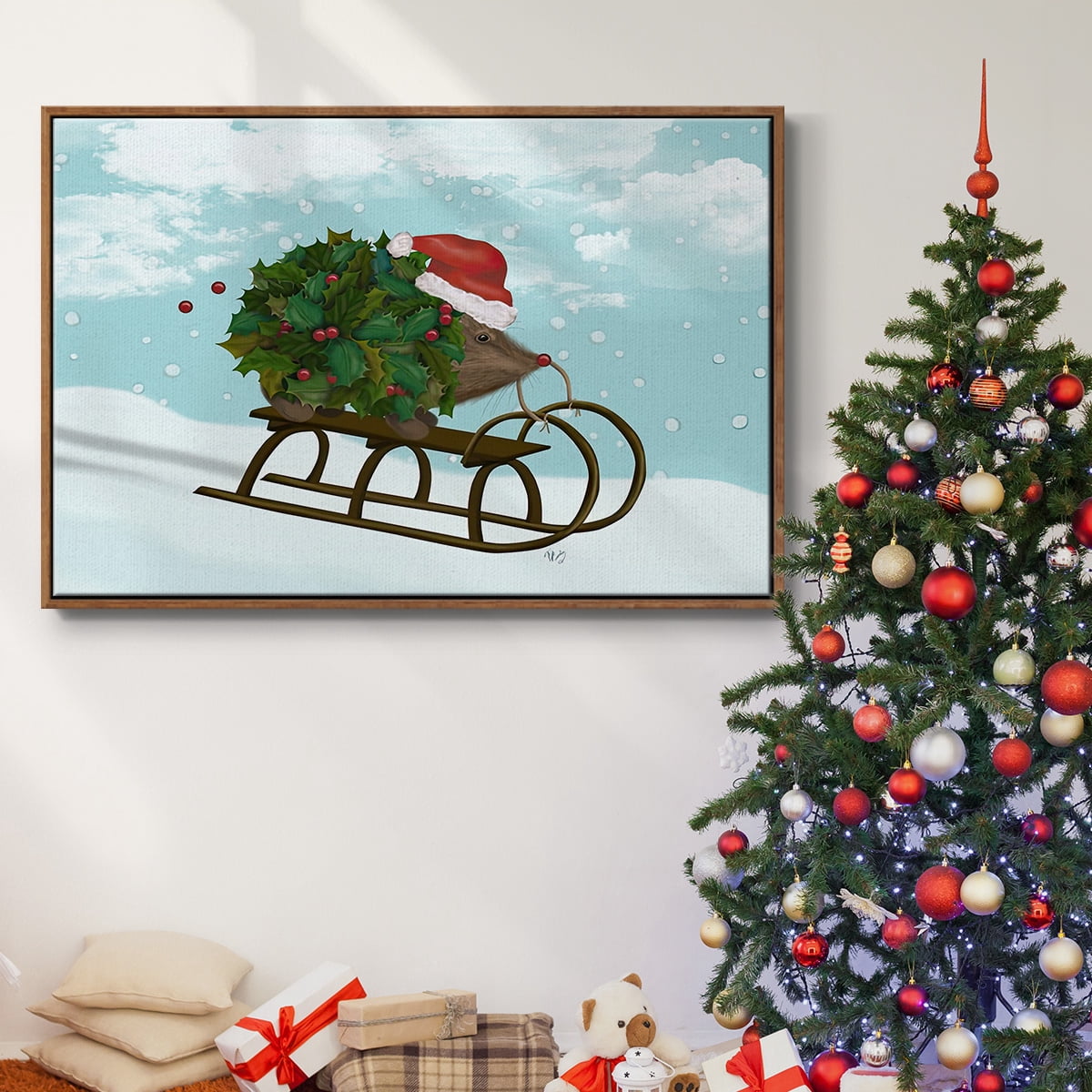 Christmas Holly Hedgehog Sledding - Framed Gallery Wrapped Holiday Canvas - 25 x 37 - Rosewood Frame