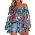 thumbnail image 2 of Levmjia Womens Shirts Clearance，Tops Plus Size Summer Casual Printing Long Sleeve Off-The-Shoulder Tops Loose Blouses, 2 of 6