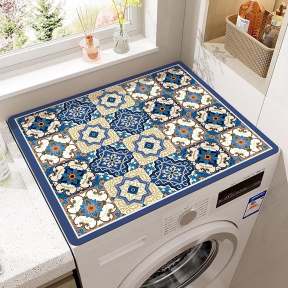Washer and Dryer Top Protector Mat, 23.6" x 19.7" Non-Slip Fridge Dust Mat, Blue Boho Grid