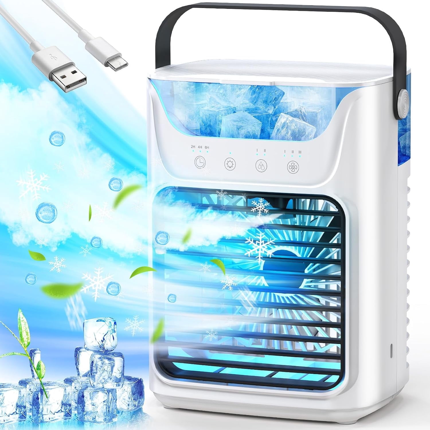 Mini Portable Air Conditioner, Evaporative Air Cooler,Personal Air Cooling Fan and Humidifier with 3 Speeds 7 Colors for Room & Office Desk Outdoors Travel, White