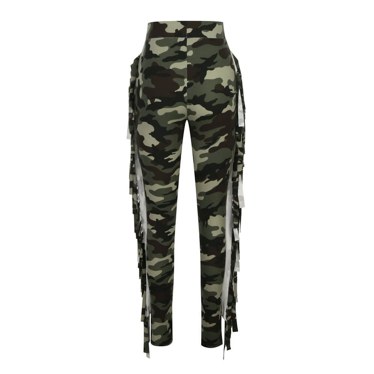 XFLWAM Women's High Waist Fringe Pants Bodycon Camo Sweatpants Casual Side  Tassel Long Pencil Bottoms Army Green XL 