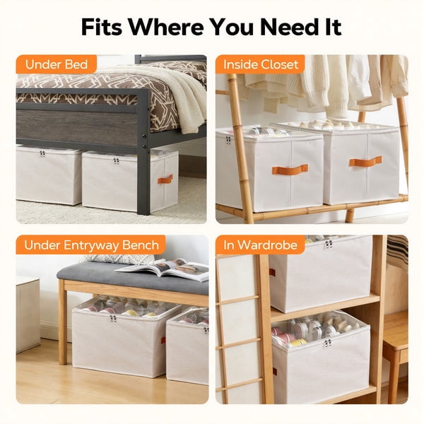 Riousery 2 Pack Foldable Shoe Organizer for Closet, Shoe Storage Bins with Clear Zipper Cover and Handles, Holds up to 24 Pairs, Beige