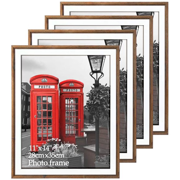 AmPm 11x14 Picture Frames Rustic Barn Wood for Wall Mounting Weathered Brown Frame Set, 4 Pack