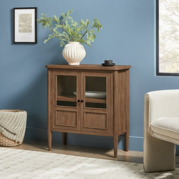 Modern Glass Accent Cabinet with Storage - Medium Brown Oak