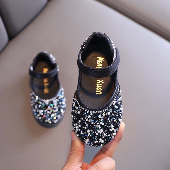 Girls Sequin Rhinestone Bow Mary Janes, Pearl Strap Princess Dress Shoes for Flower Girl Dresses, Weddings, Birthdays and Performances Black B 2.5
