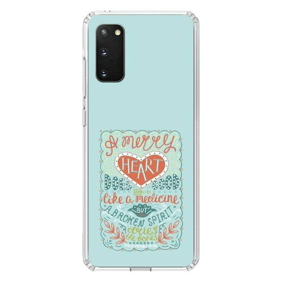 DistinctInk Clear Shockproof Hybrid Case for Galaxy S20 / S20 5G (6.2" Screen) - TPU Bumper, Acrylic Back, Tempered Glass Screen Protector - Proverbs 17:22 - A Merry Heart Does Good