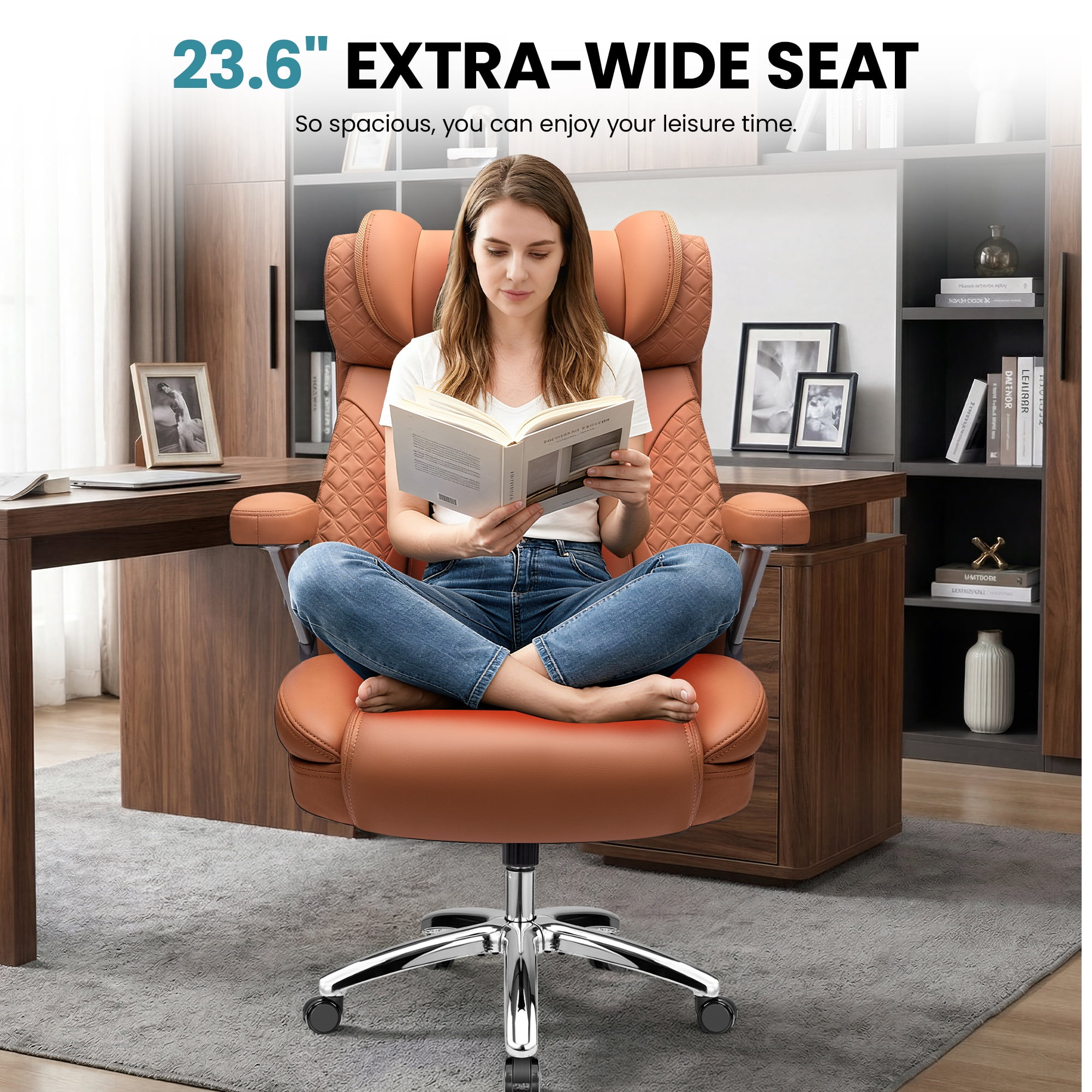 FASTES Leather Office Chair Big and Tall Desk Office Chair, 500lbs Computer Chair Ergonomic Extra Wide Gaming Chair with Adjustable Lumbar Support 5D Flip Arms,Brown