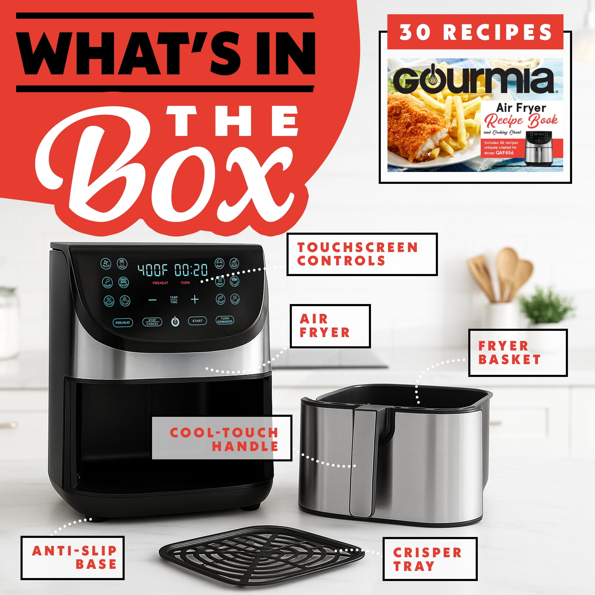 Gourmia 8 Qt Digital Air Fryer with 12-One Touch Presets, Stainless Steel, Black, 13 in, New