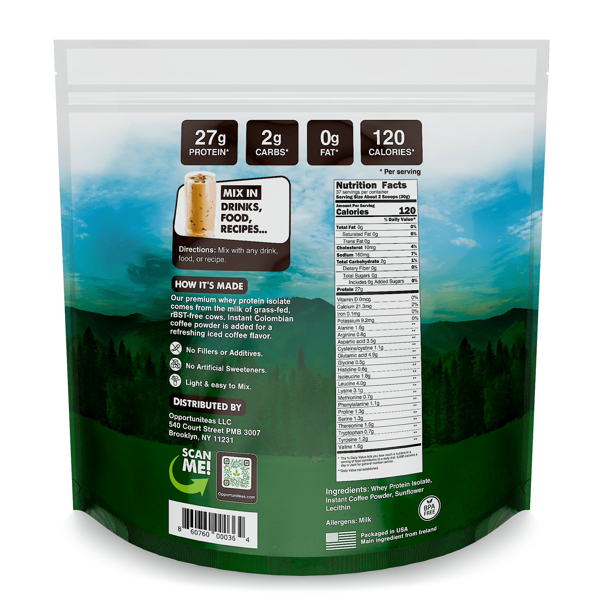 Opportuniteas Grass Fed Coffee Whey Protein Isolate Powder , 27g Protein Without Artificial Sweeteners, Hormone-Free Cows, Non GMO , 2.5 lbs