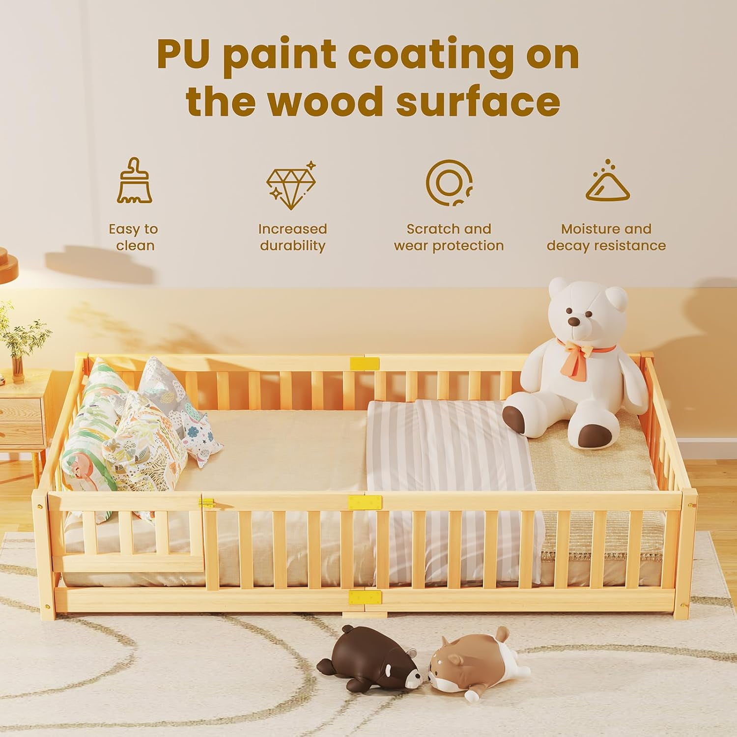Slsy Montessori Floor Bed for Kids, Solid Wood Toddler Bed Frame w/Convertible Door and Safety Fence, Floor Bed Frame for Children Bedroom, Toddlers, Boys Girls, Kids Playroom, Twin / Full