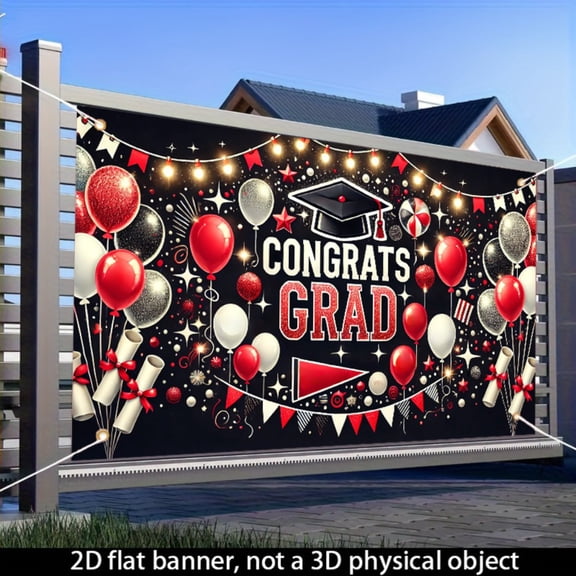 Red and white graduation-themed banner, indoor and outdoor party decoration background cloth, 71x43 inches, wall hanging flag for graduation season, glitter text and graduation cap certificate balloo