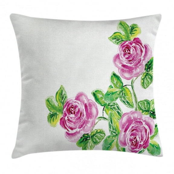 Watercolor Flower House Decor Throw Pillow Cushion Cover, Picturesque Glamour Dramatic Rose Figures with Cracked Effect, Decorative Square Accent Pillow Case, 16 X 16 Inches, Pink Green, by Ambesonne
