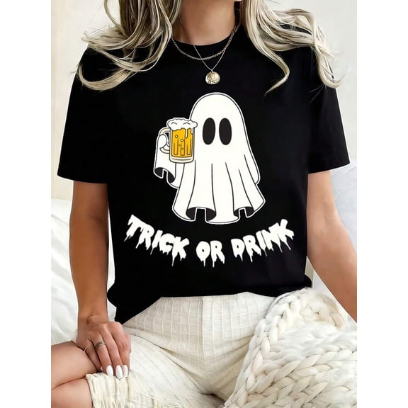Women Round Neck T Shirt Ghost Holding Beer Print Trick Or Drink Text Casual Halloween Party