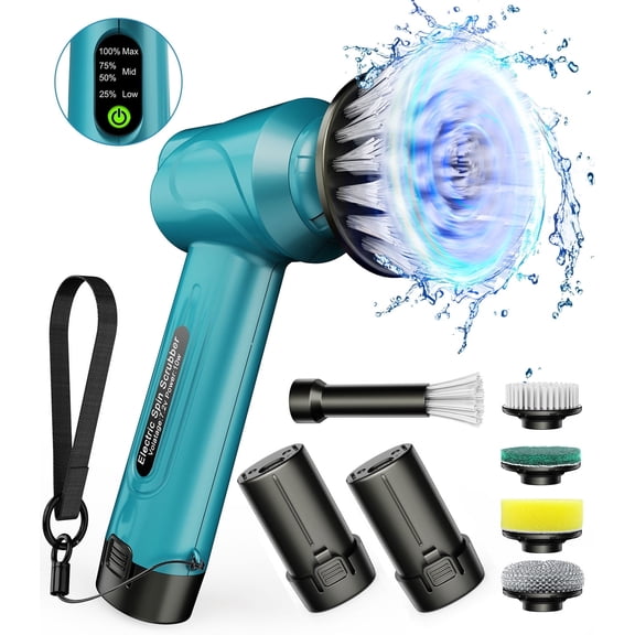 Amiluo Electric Spin Scrubber, 5000 mAh Battery Cordless Handheld Cleaning Brush, 3 Speeds Power Scrubber with 5 Replaceable Heads & Display for Bathroom/Shower/Sink/Tub, A3/Blue