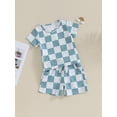 thumbnail image 3 of FEORJGP Toddler Boys Summer Outfits Short Sleeve T-Shirt Checkerboard Print Shirt Crew Neck Tops and Drawstring Shorts Sets Casual Daily Clothes Beachwear, 3 of 9