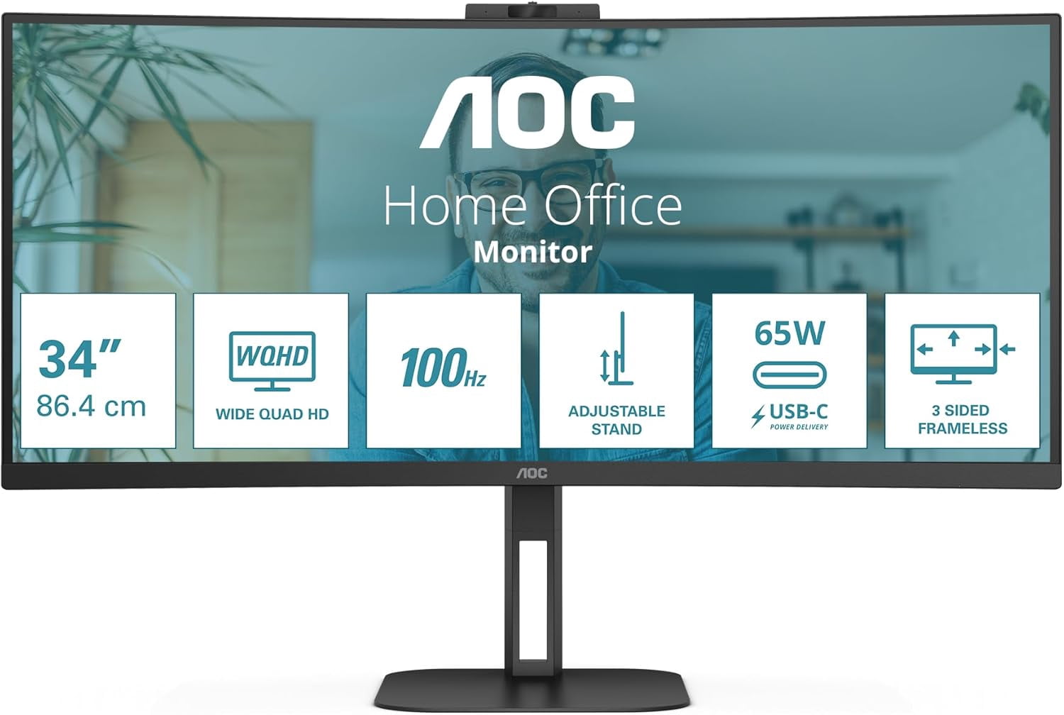 Restored AOC CU34V5CW - 34 " Curved QHD Monitor,100Hz, VA, WebCam, USB-C Docking,65W power delivery, USN Hub, Height Adjust, Speakers (3440 x 1440 @100Hz, 300 cd/m² , HDMI 2.0/ DP 1.2 / USB-C 3.2 DP) (Refurbished)