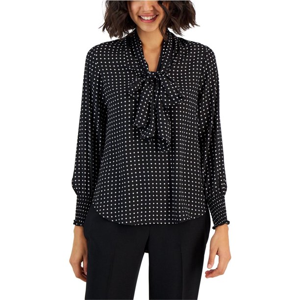 Anne Klein Womens Smocked Knit Blouse, black, L