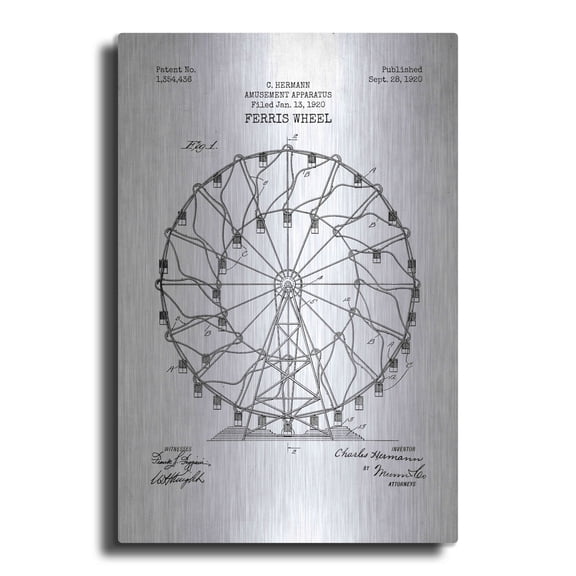 Luxe Metal Art 'Ferris Wheel, 1920 Blueprint Patent White' Metal Wall Art, 16"x24"