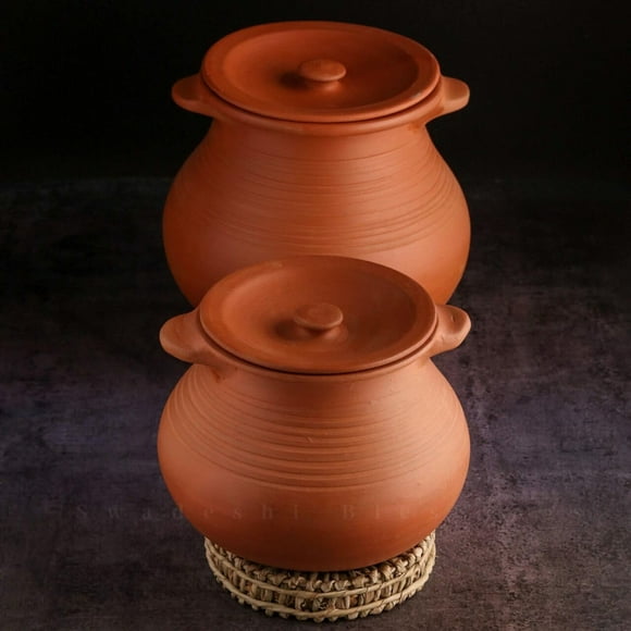 Exclusive Range Unglazed Clay Pot For Cooking & Serving With Lid Combo Of 2 + 3 Liters | Earthen Kadai - Mud Handi - Mitti Ke Bartan (With Mirror Shine) + Ash For Cleaning, Red-Ochre (Gerua)