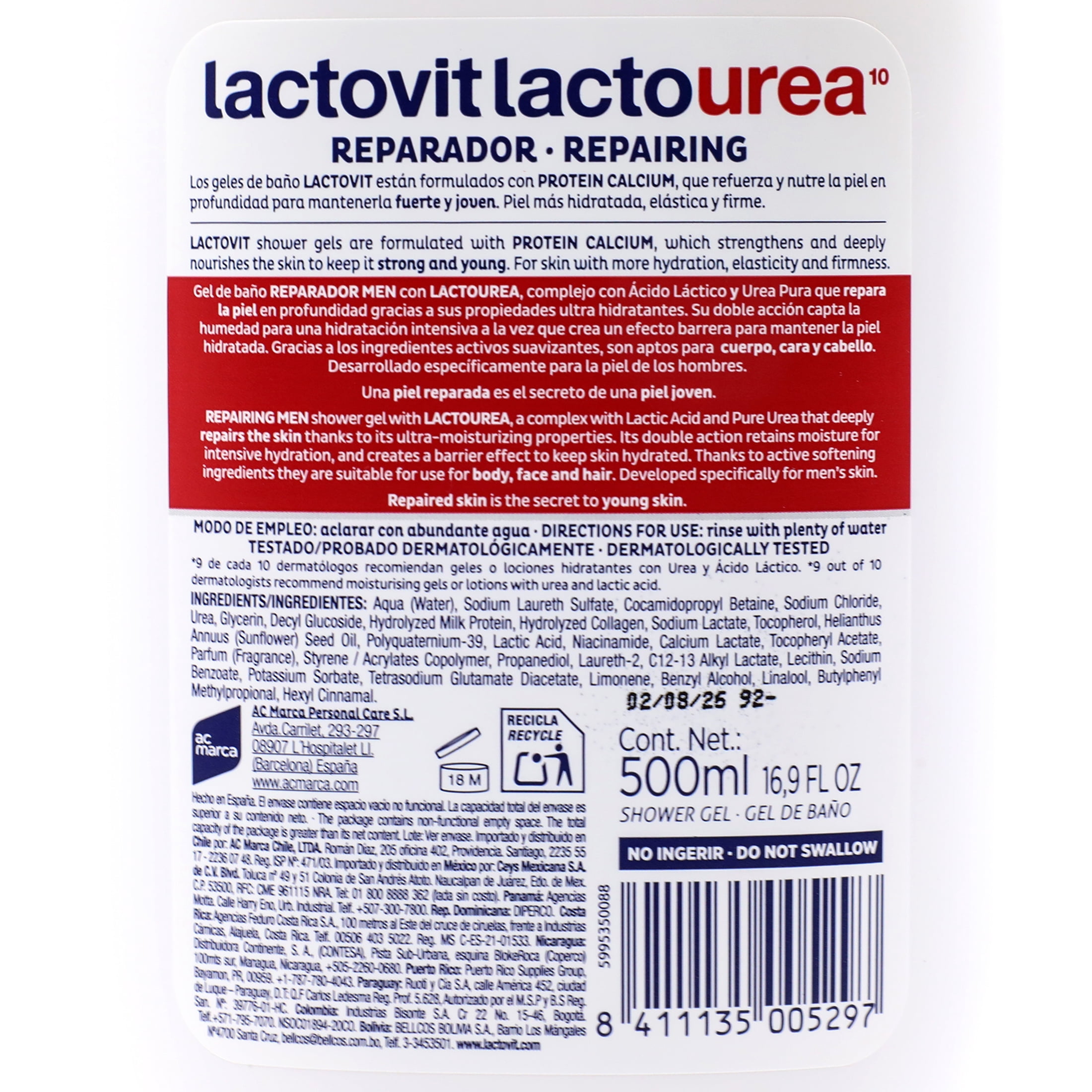 Lactovit Men Lactourea Repairing Shower Gel, 3-In-1 Formula, Extra Dry Skin, 500ml