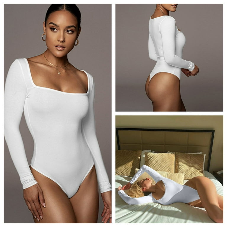 LEZMORE Women's 2 Pcs Bodysuits Sexy Ribbed One Piece Square Neck Long  Sleeve Bodysuits