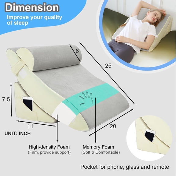 Orthopedic Bed Wedge Pillow Set - Adjustable Memory Foam for Post-Surgery Neck and Back Pain Relief Heartburn Acid Reflux Reading Sleeping Support (Light Gray)
