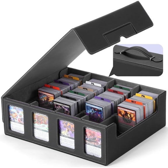 LAMU Trading Card Storage Box with Commander Display ,13.7" x 11.4" x 4.4" 4-Row Deck Case with Removable Lid; 3200  Card Deck Box for MTG TCG Sports Card,Gray