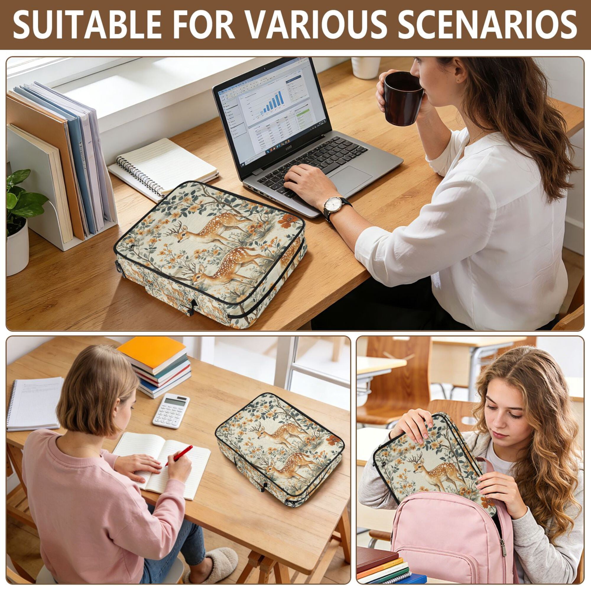 FORMRS Accordion File Folder A4 Size 7-Pocket Expanding Document Organizer Bag with 3 Ring Binder, Deer Pattern