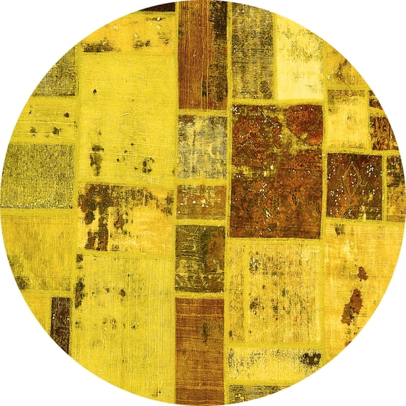 Ahgly Company Indoor Round Patchwork Yellow Transitional Area Rugs, 4' Round