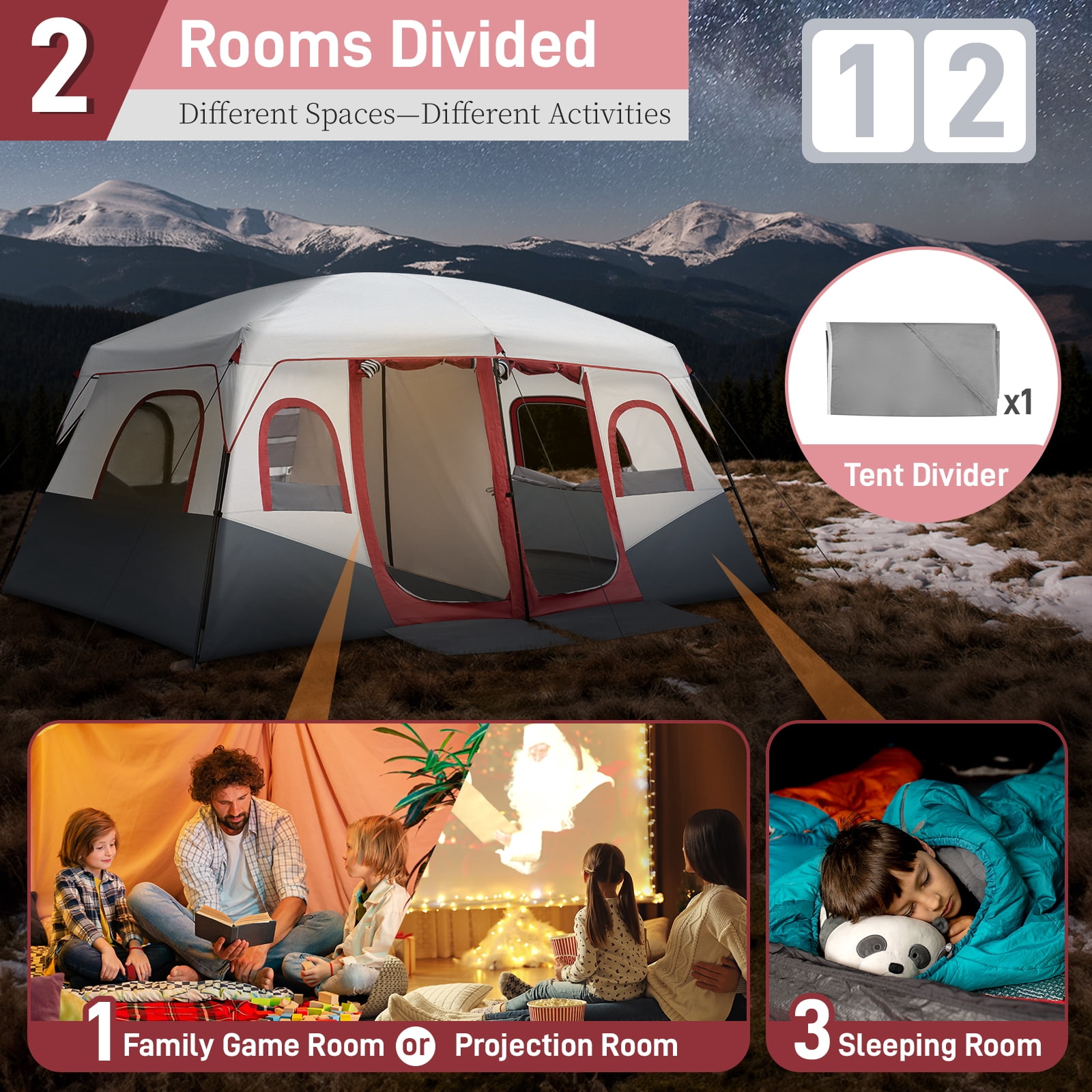 Ktaxon Family Camping Tent 10 Person Tent Waterproof  Windproof with Divided Curtain for Separated 2 Rooms with Carry Bag Outdoor