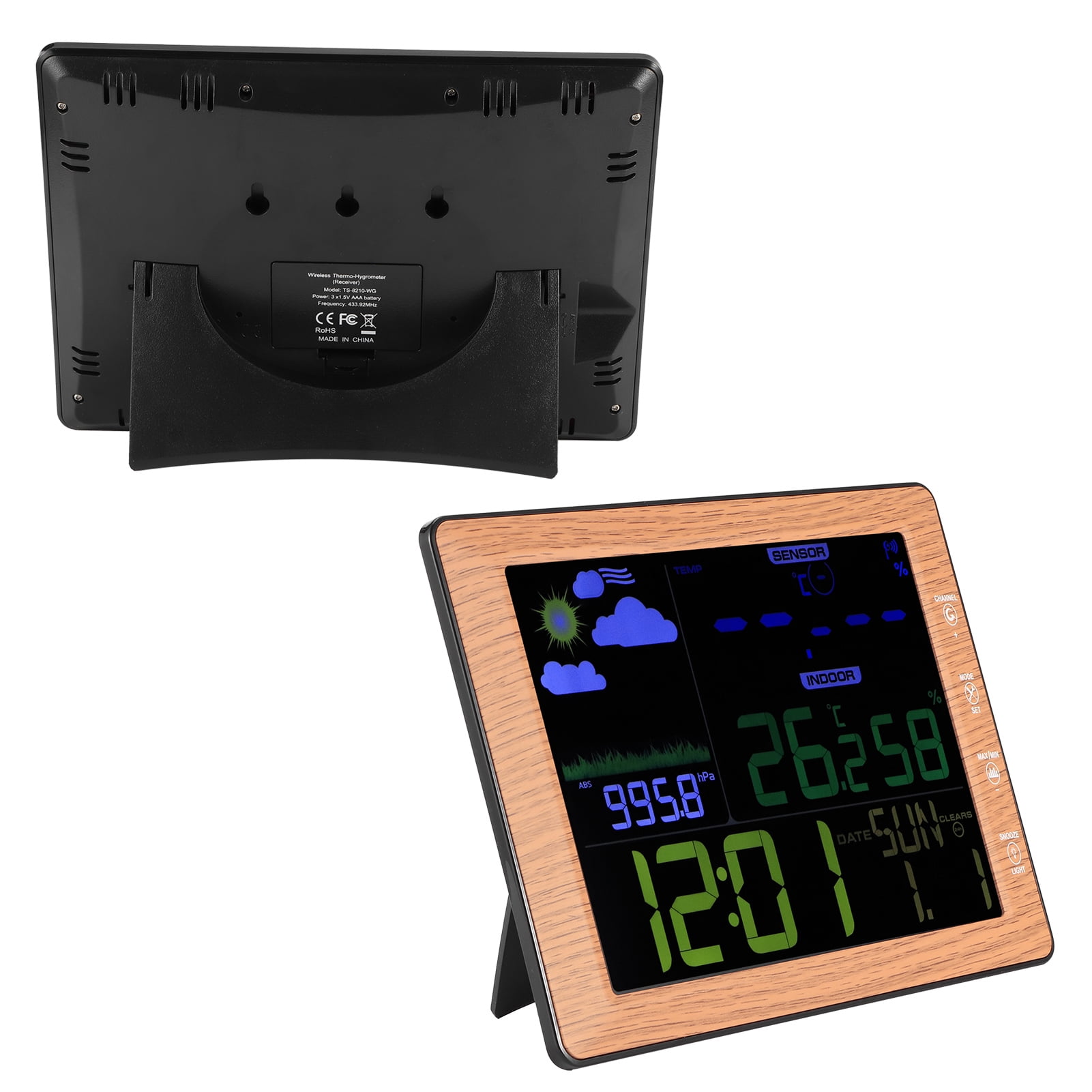 BIMZUC Wireless Weather Forecast Station Color Screen Alarm Clock Wood Color Digital Thermometer Hygrometer Indoor Outdoor Sensor, 8.5x6.3x0.8 inches / 21.5x16x2 cm