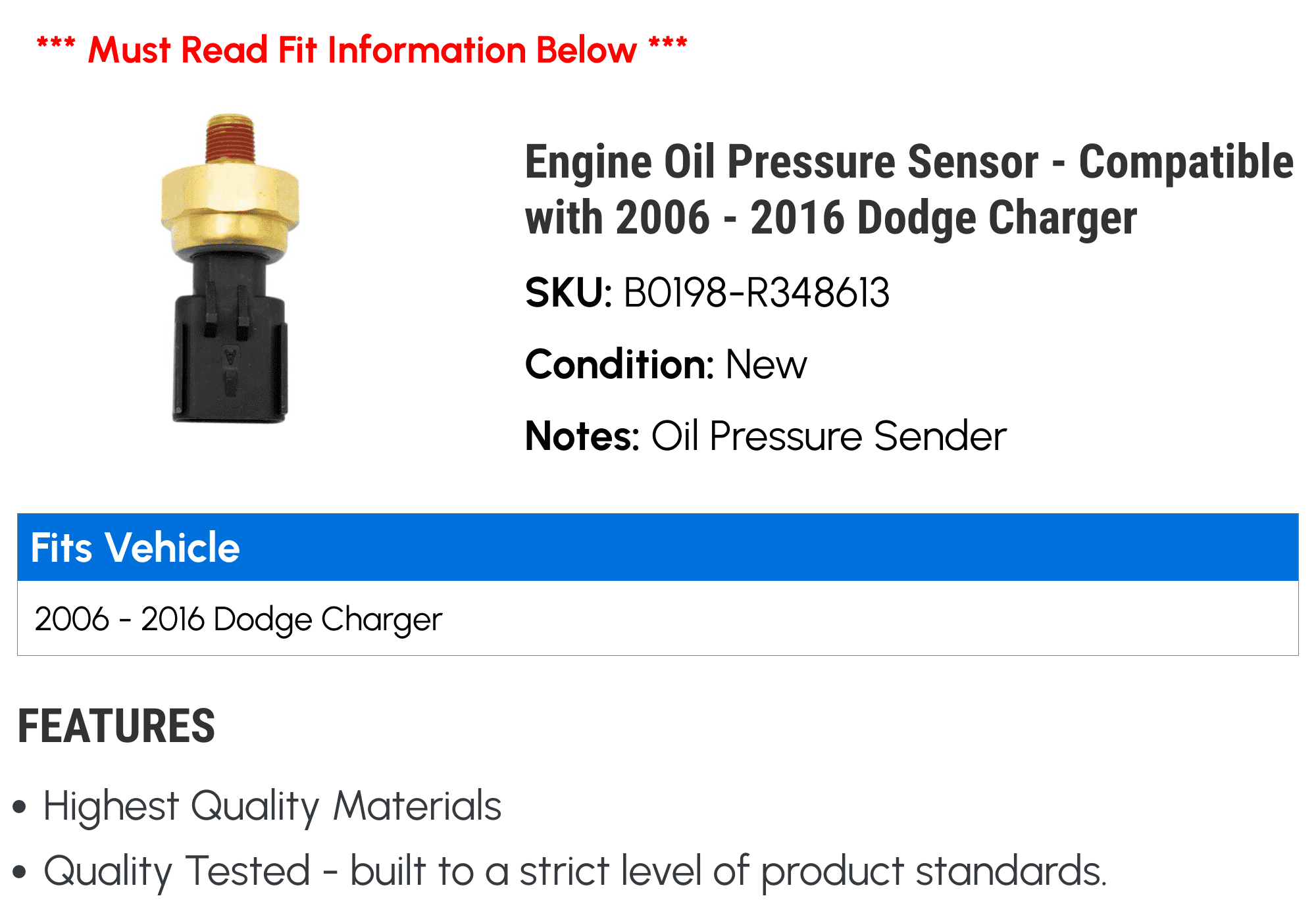 Engine Oil Pressure Sensor - Compatible with 2006 - 2016 Dodge Charger 2007 2008 2009 2010 2011 2012 2013 2014 2015