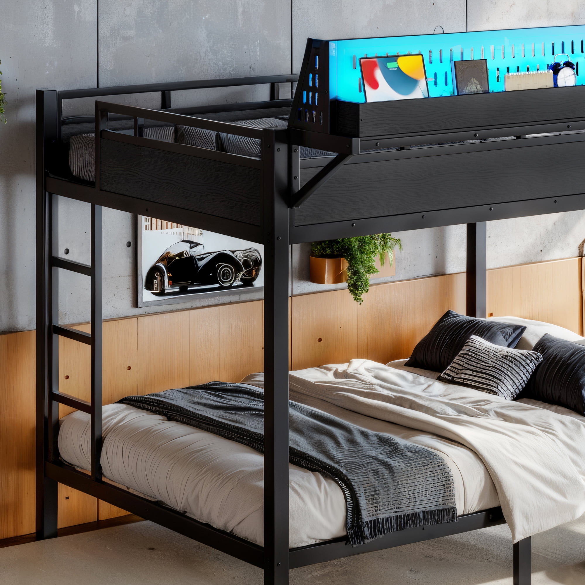 Leumius Queen over Queen Size Bunk Bed with Storage Shelves and Pegboard,Heavy Duty Metal Bunk Bed with USB Ports and LED Lights,Space-Saving,Black