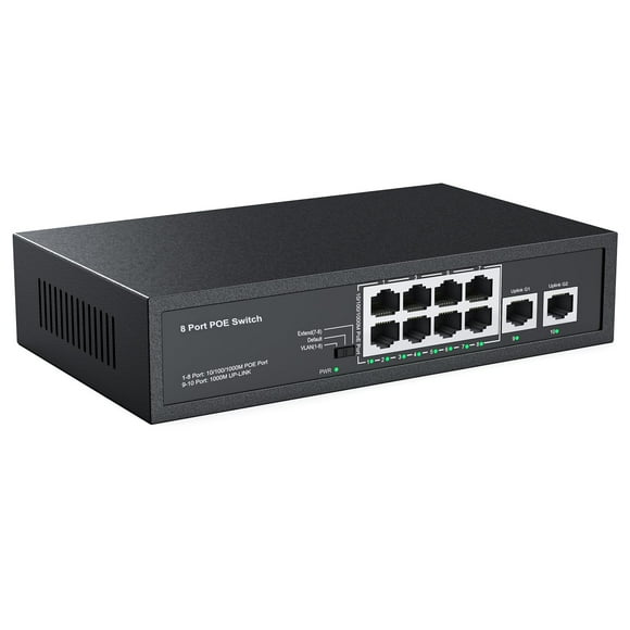 Real HD 10 Port PoE Switch, 8 Ports PoE+ 2 Uplink Unmanaged 100Mbps PoE Switch, High Total Power Budget 120W, 803.af/at Compliant, Work with IP Cameras VOIP Phones