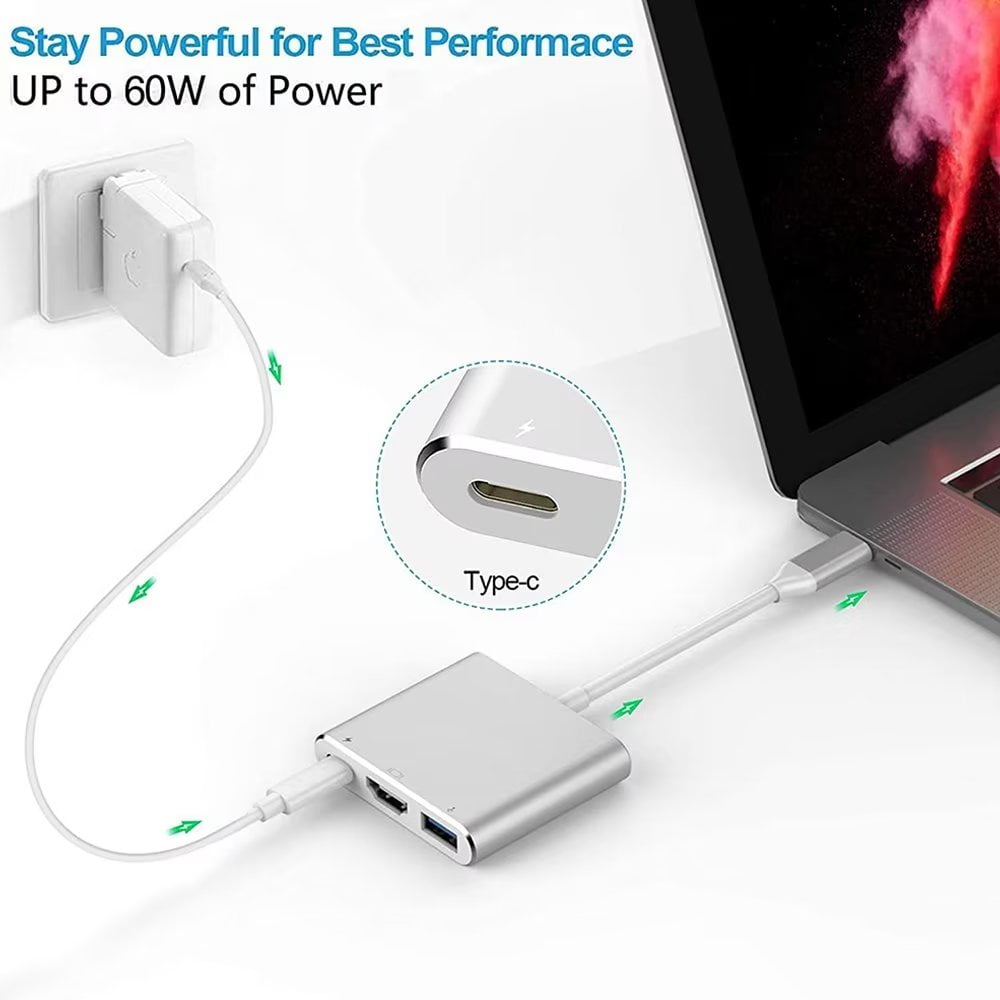 USB-C to HDMI Adapter Type-C 3 in 1 Converter Cable Thumderbolt 3 to HDMI 4K Video Converter USB 3.0 Hub Port PD Quick Charging Port with Large Projection
