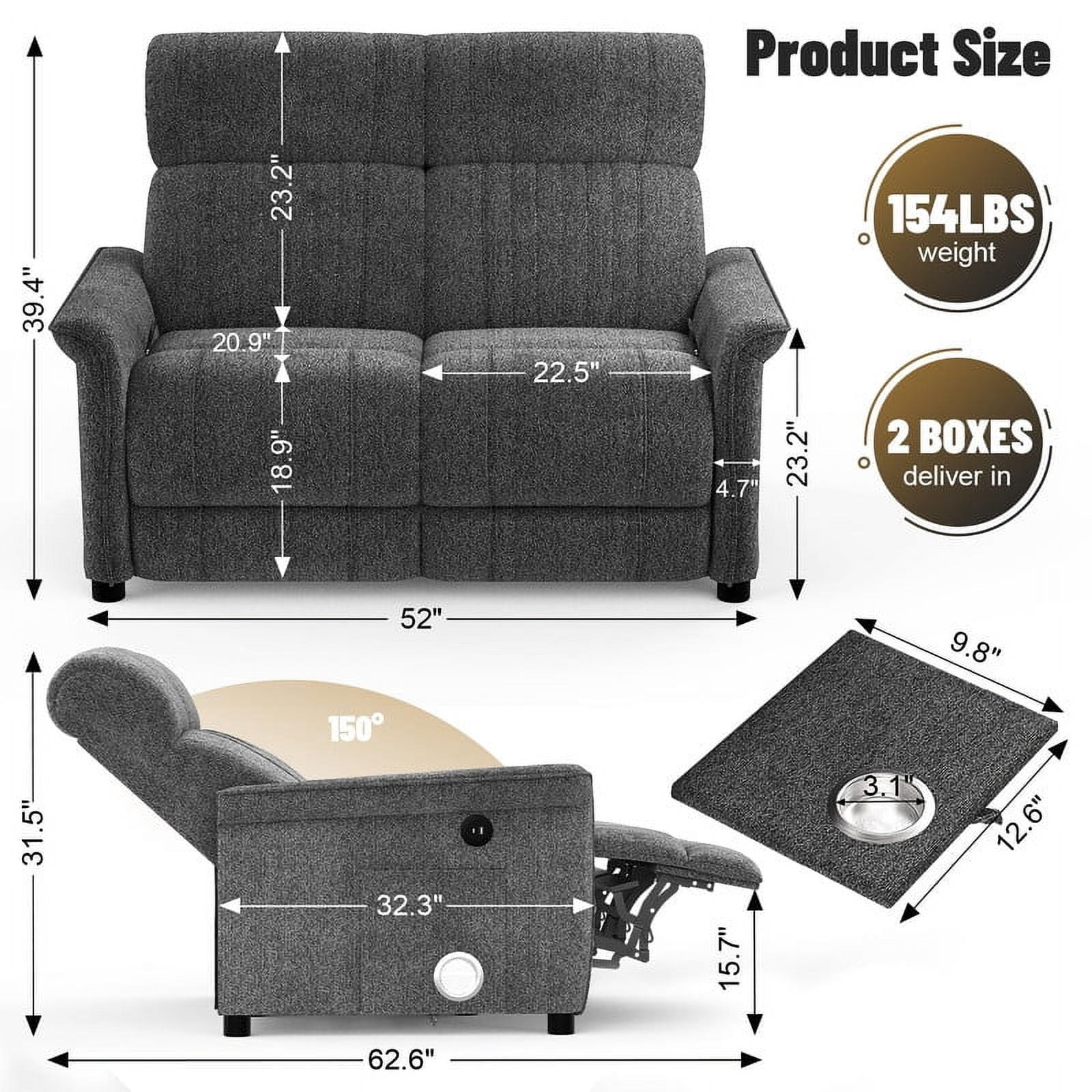 Loberfve Recliner Sofa, RV Reclining Loveseat with 2 Folding Side Table and Cup Holders, Manual Modern Loveseat Recliner Sofa with USB Ports, Gray