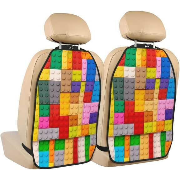 Fuzoiu Colorful Plastic Blocks Pattern Print 2 Pack Kick Mat Back Seat Protector With 3 Storage Pockets, Universal Car Seat Back Organizer For Kids Pets, Waterproof Backseat Protector For Most Car