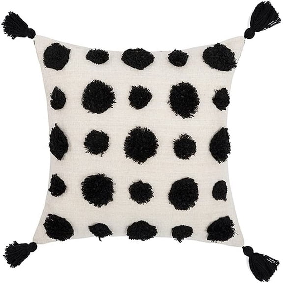 Nvzi-a Boho Tufted Decorative Square Throw Pillow Cover with Tassels Geometric Dots Cushion Cover for Couch Sofa Bed (Black Dots,18"x18")