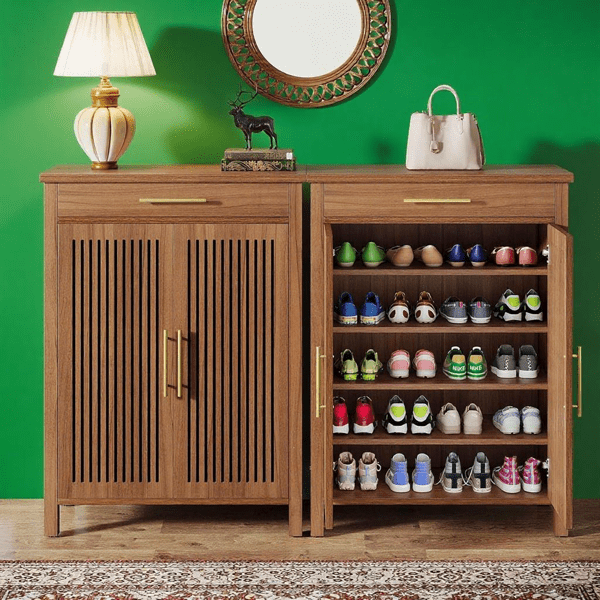 Entryway Shoe Cabinet, 2 Louvered Doors, 5-Tier Flexible Storage
