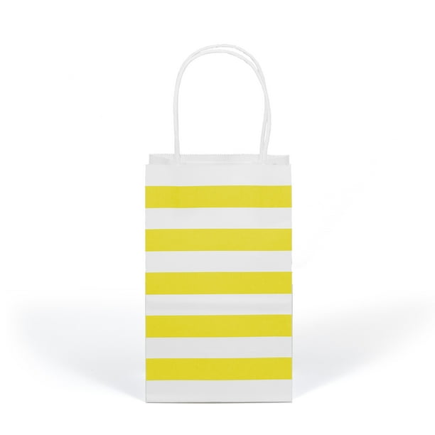12Count Yellow Stripes Kraft Bags Gift Paper Bags with Handles, Biodegradable & Sturdy, Food