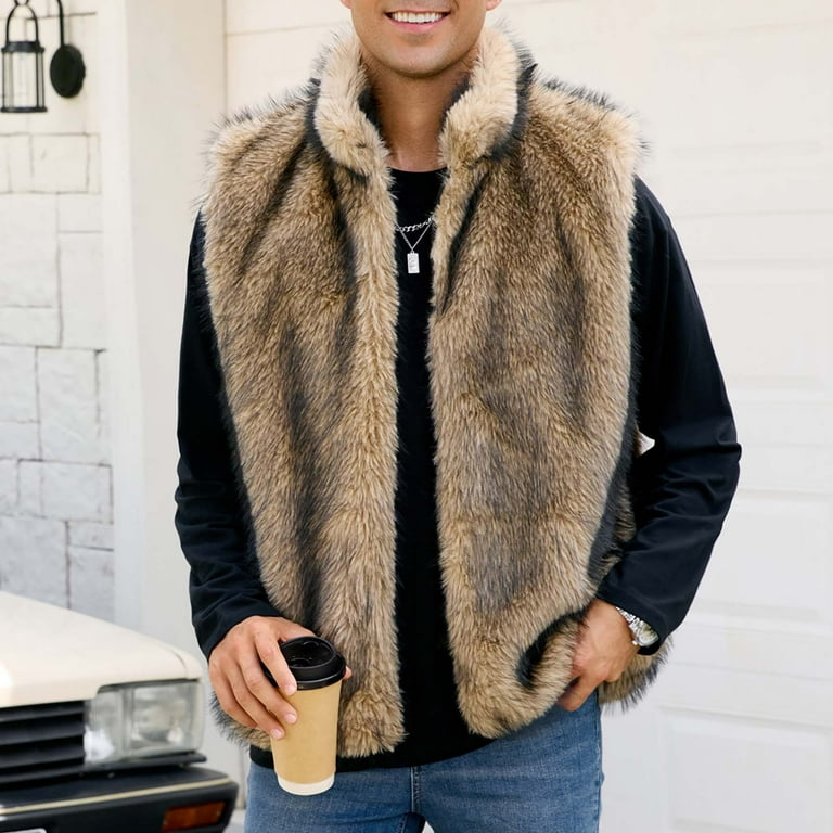 LpwkSSA Men's Winter Faux Furry Vests Winter Jackets Sleeveless