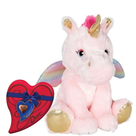 Valentine's Day Plush Pink and Gold Winged Unicorn with Dove Assorted Choclate Truffle Candy Heart Gift Box